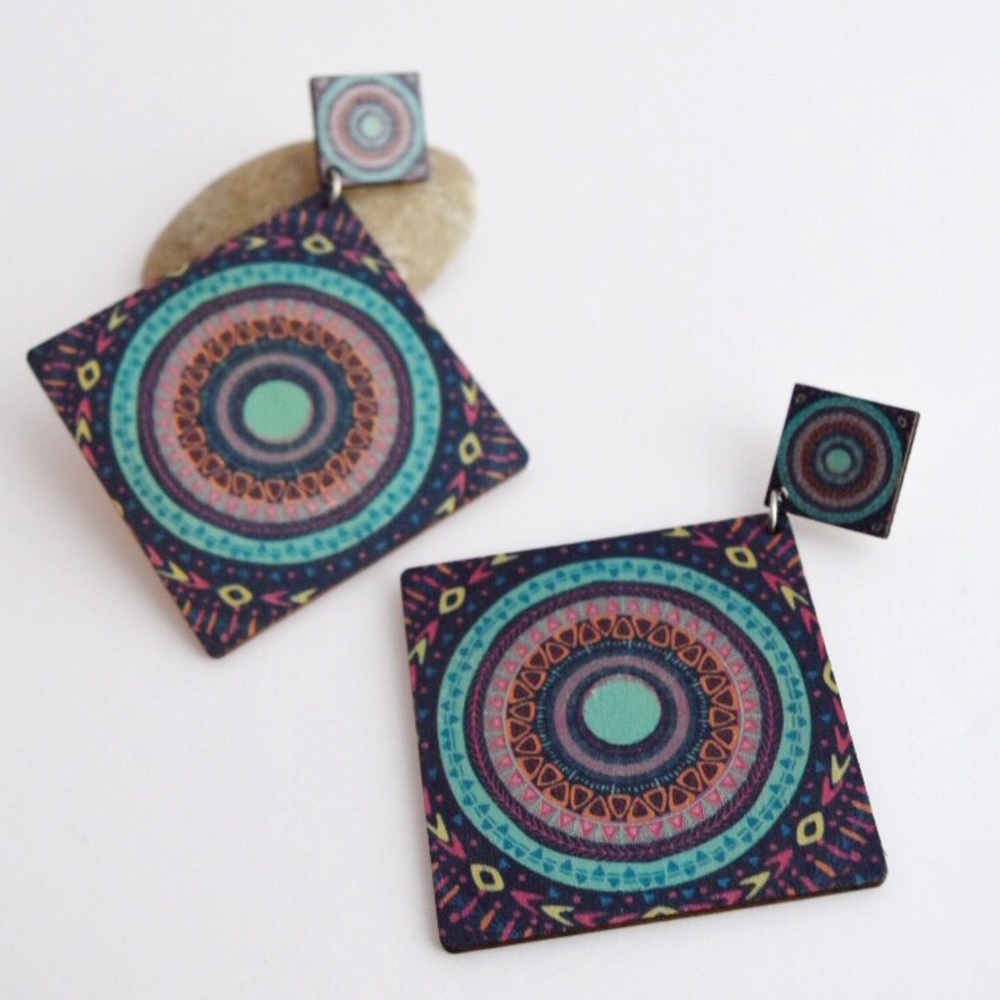 Boho Mandala Wood Statement Earrings